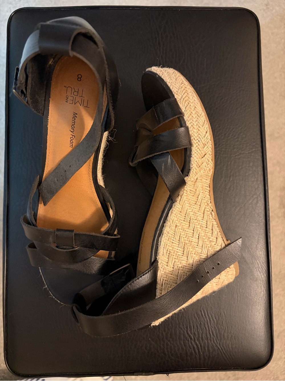 Time and Tru Black Braided Espadrille Wedge Sandals